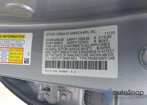 2021 Honda Accord Lx из США, поврежденный, VIN 1HGCV1F15MA016913